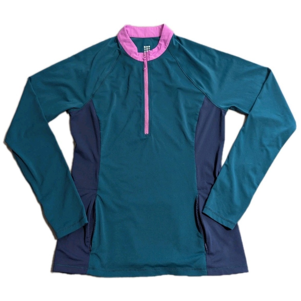 Title Nine Womens Medium Athletic Quarter Zip Pullover Blue Pink Activewear